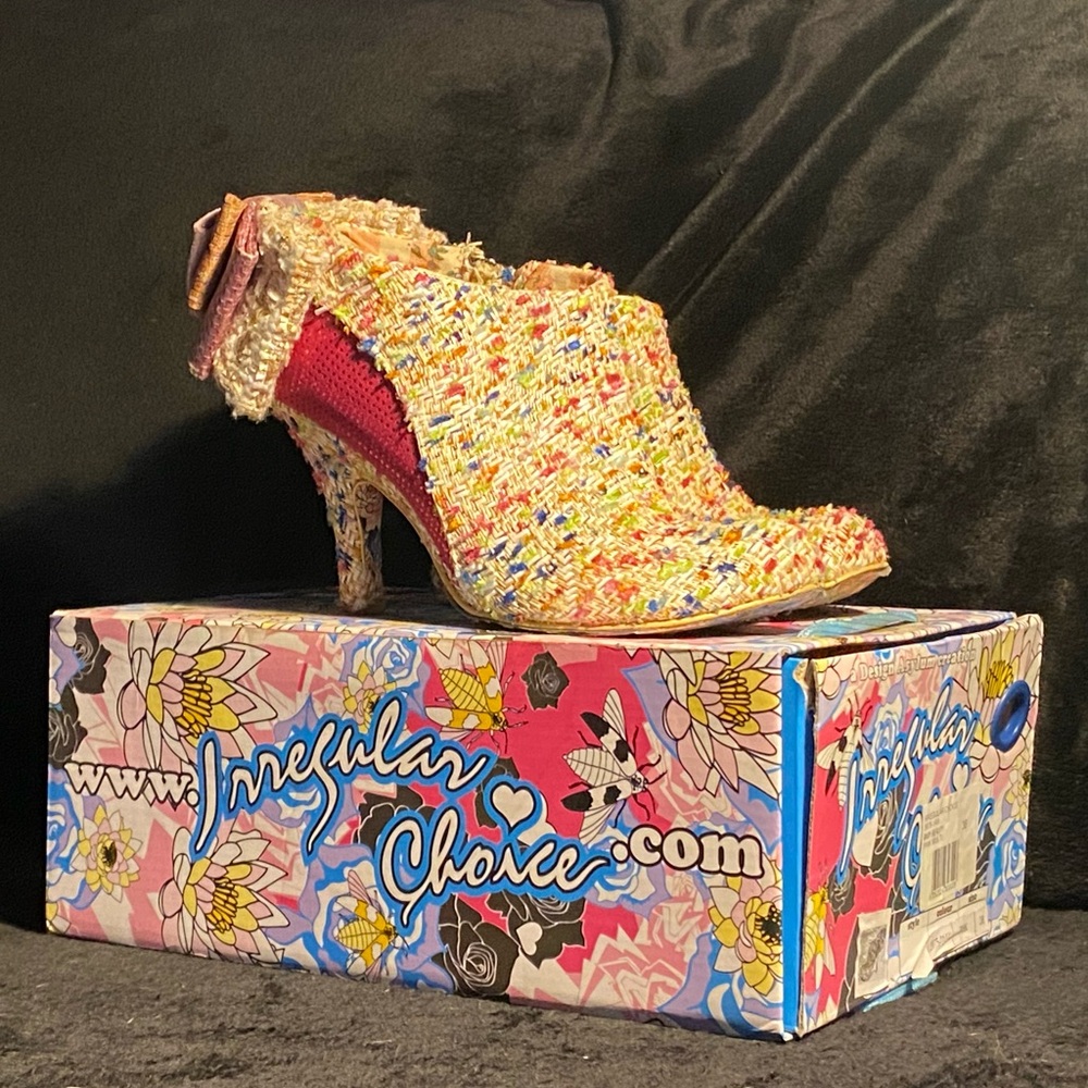 Irregular Choice”Baby Beauty”pink/multi tweed booties,back bow, original box,7.5 - Picture 2 of 11